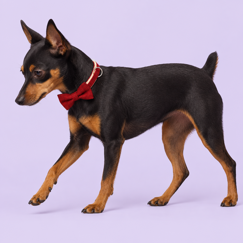 Miniature pinscher walking in profile
