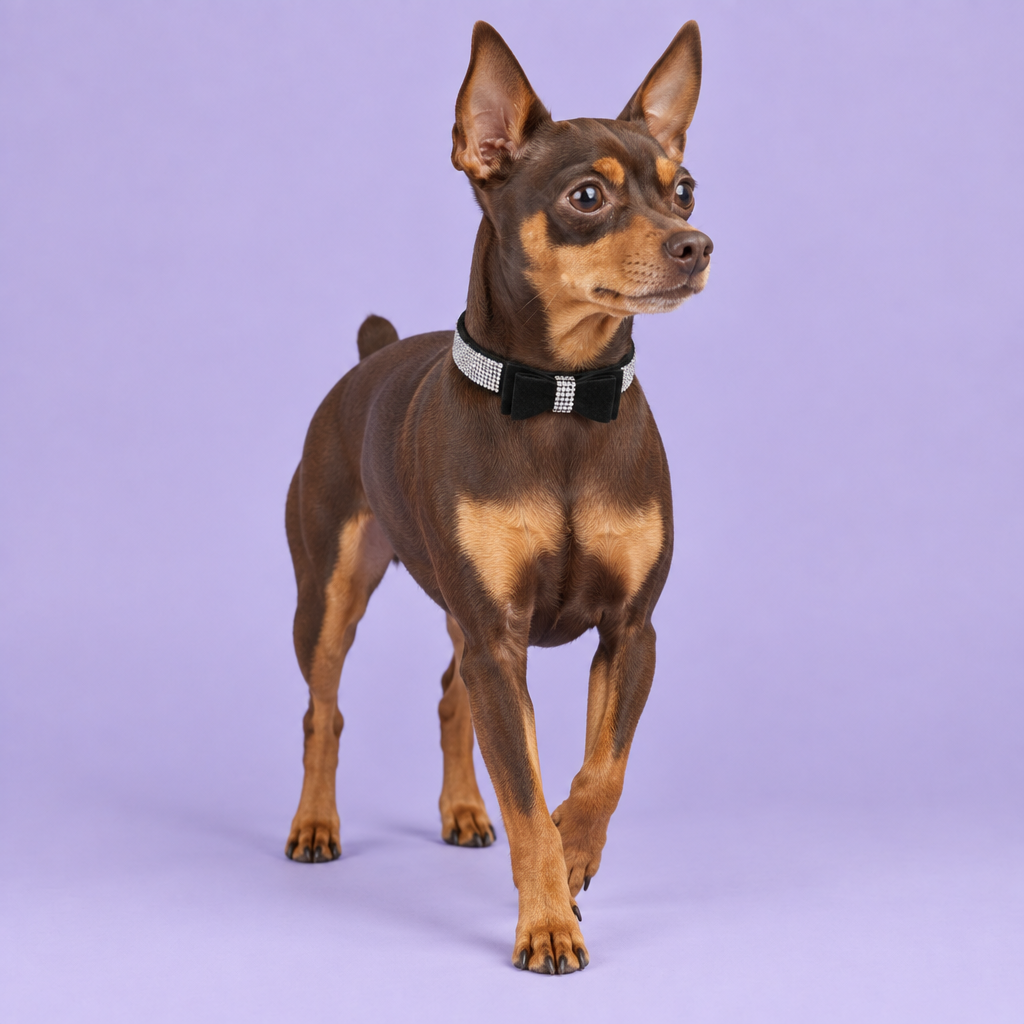 Miniature Pinscher wearing the black crystal bow collar