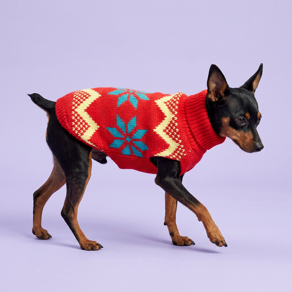 Miniature pinscher wearing the red sweater with teal motifs