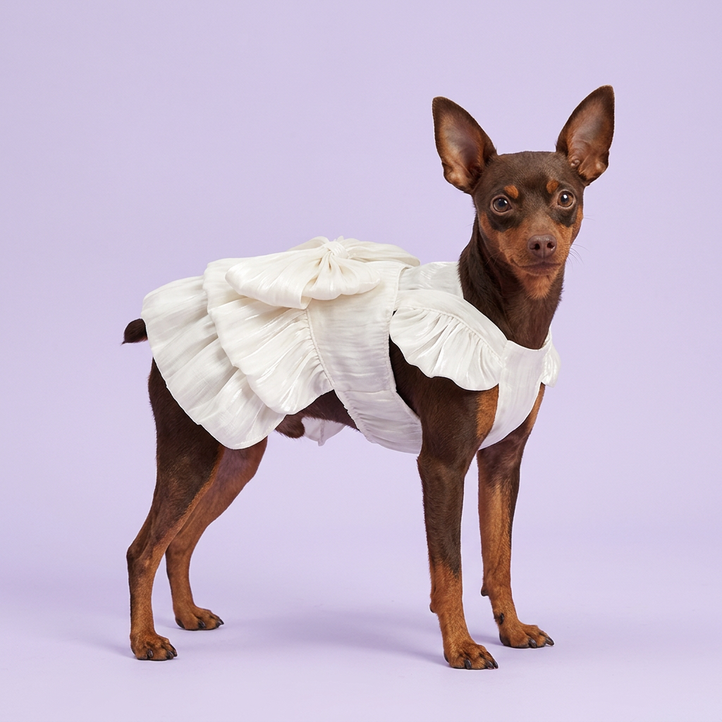Miniature pinscher wearing the white bow dress