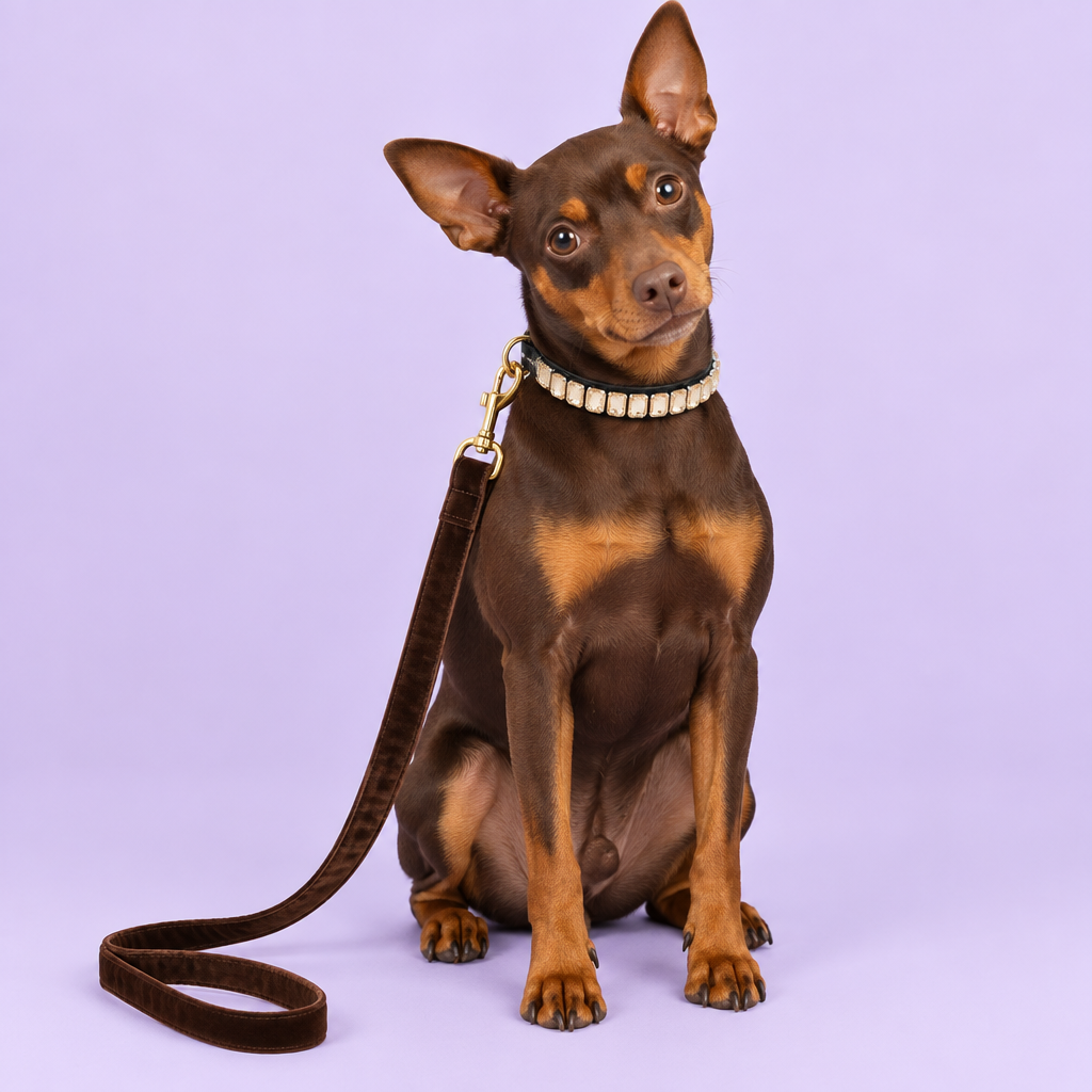 Miniature pinscher with opal collar and brown velvet leash