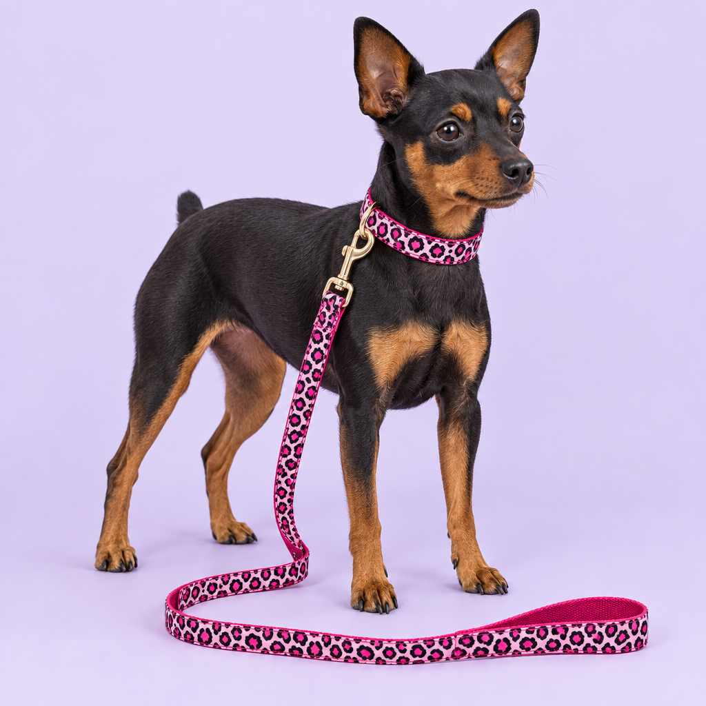 Miniature Pinscher with pink leopard collar and leash