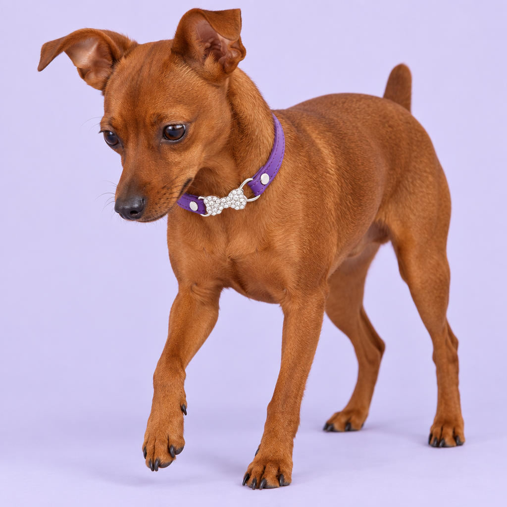 Miniature pinscher with purple collar