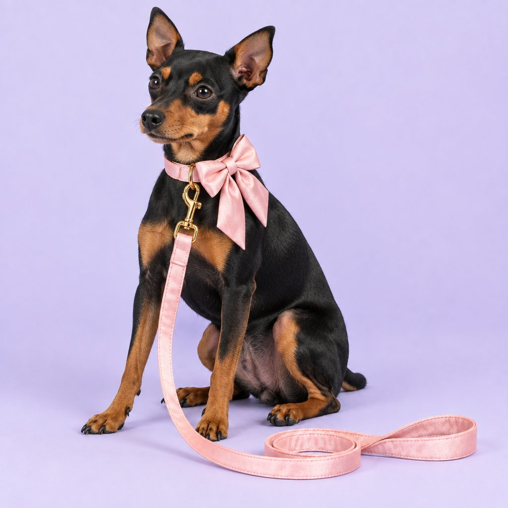 Miniature Pinscher with side-positioned silky pink bow and leash