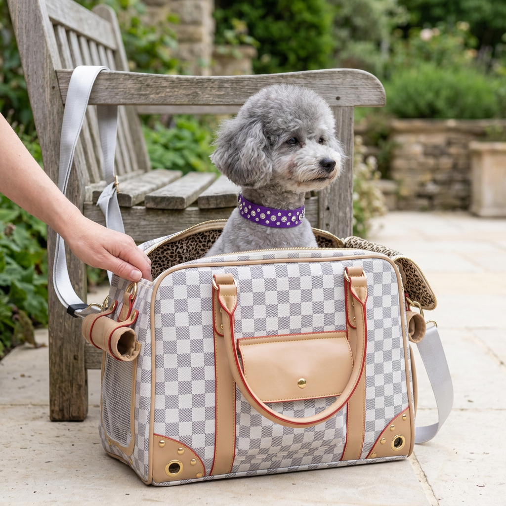Miniature poodle lifestyle mockup with checkered carrier and purple rhinestone collar