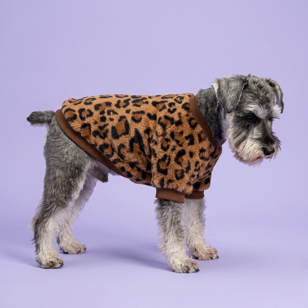Miniature schnauzer in side profile wearing the leopard sweatshirt
