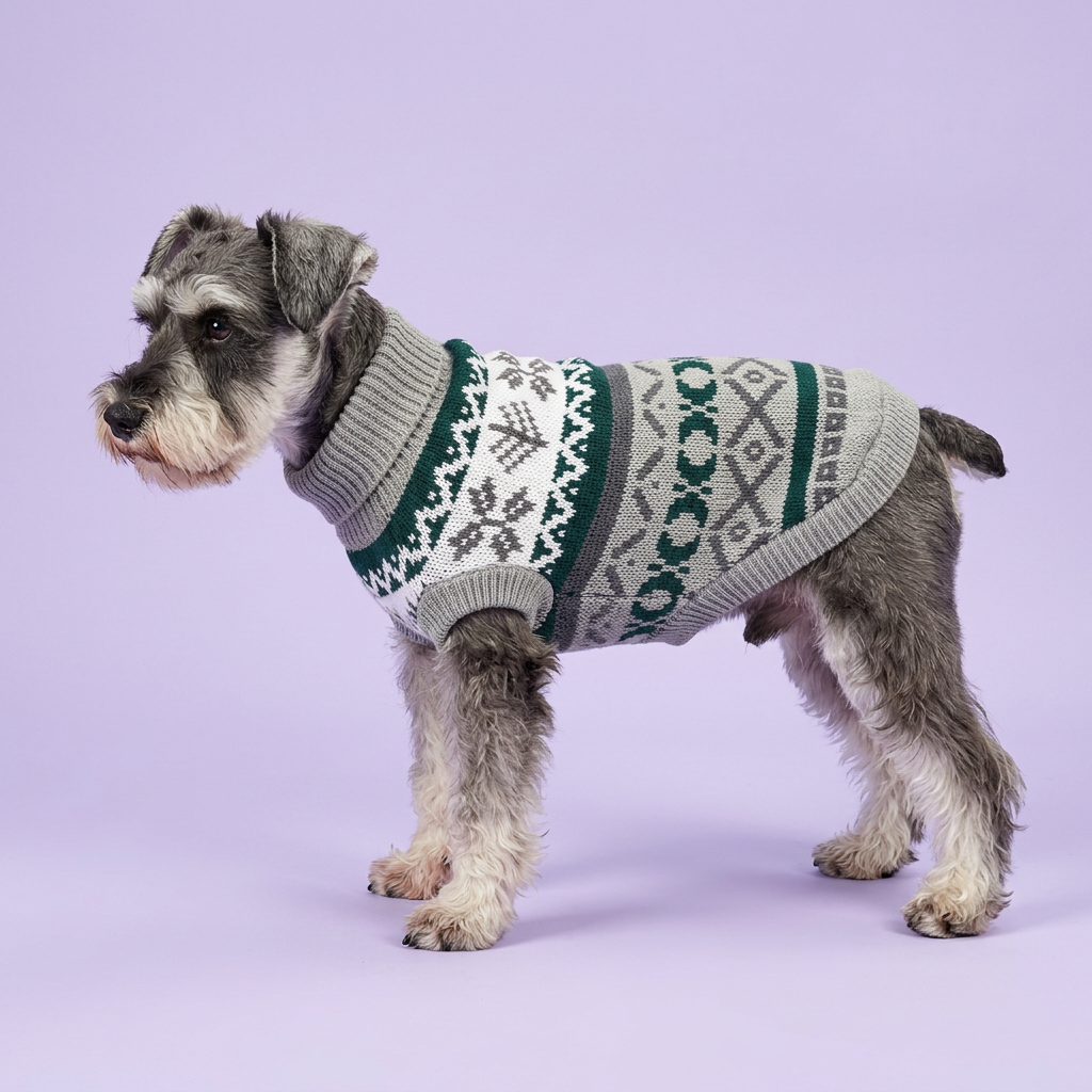 Miniature schnauzer in the grey-and-green sweater