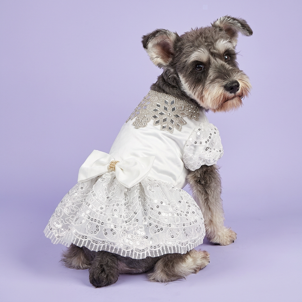 Miniature schnauzer looking over its shoulder in the jeweled white dress