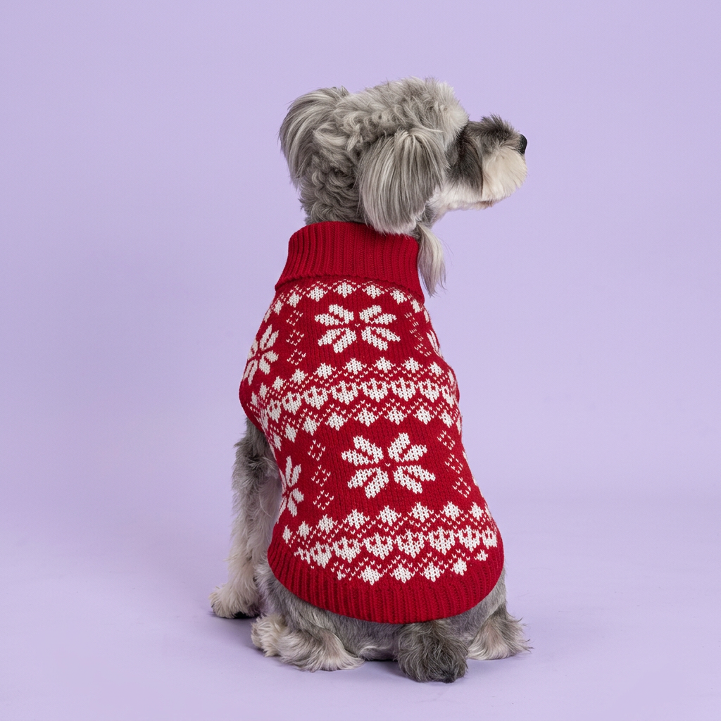 Miniature schnauzer looking over its shoulder in the red sweater