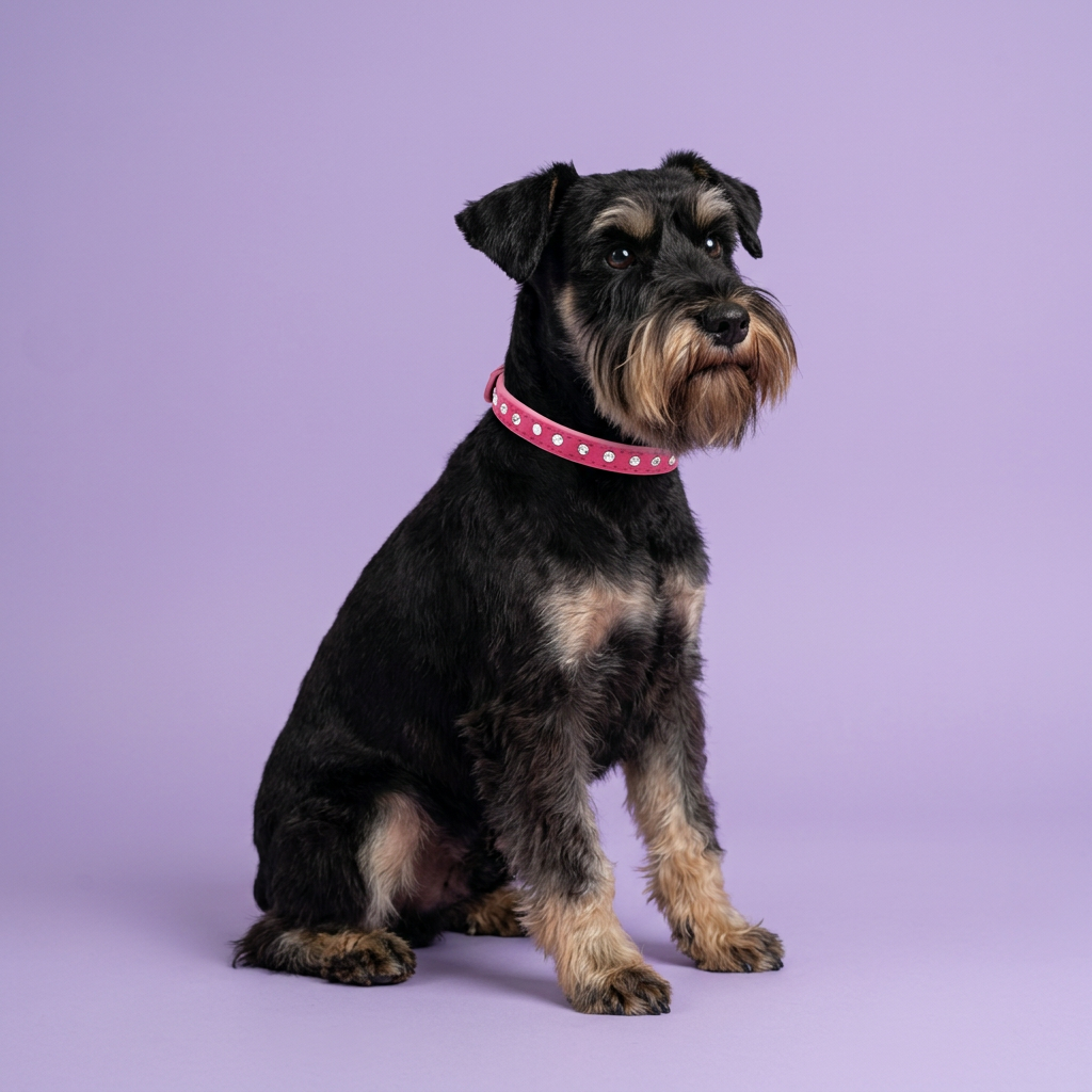 Miniature schnauzer seated sideways and looking toward the camera