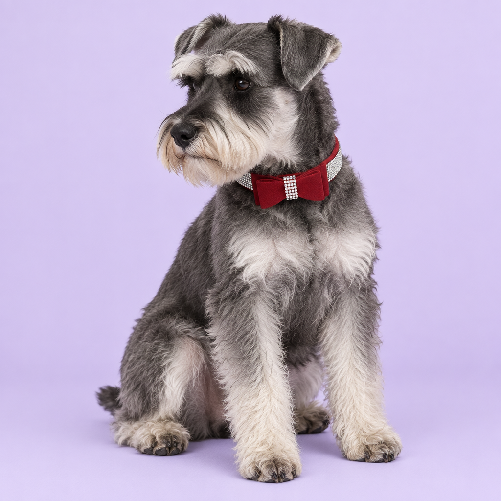 Miniature schnauzer seated with a lowered side gaze