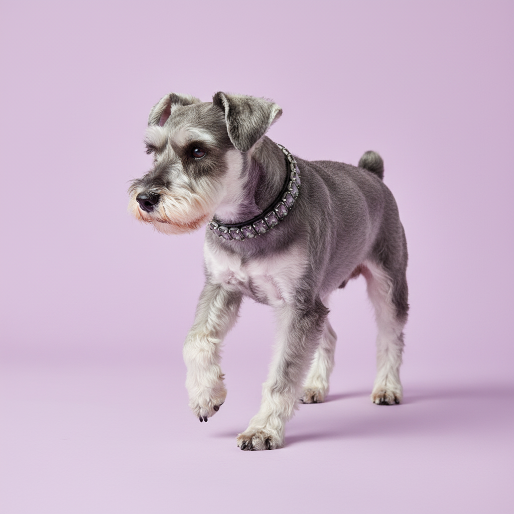 Miniature Schnauzer walking and wearing a dark crystal rhinestone collar against a soft lavender studio background.