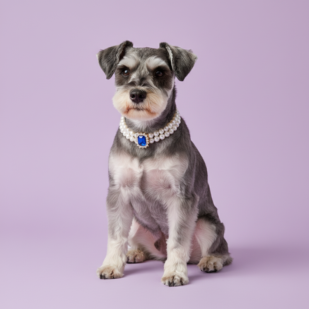 Miniature schnauzer wearing a blue gem pearl dog collar against a soft lavender studio background.