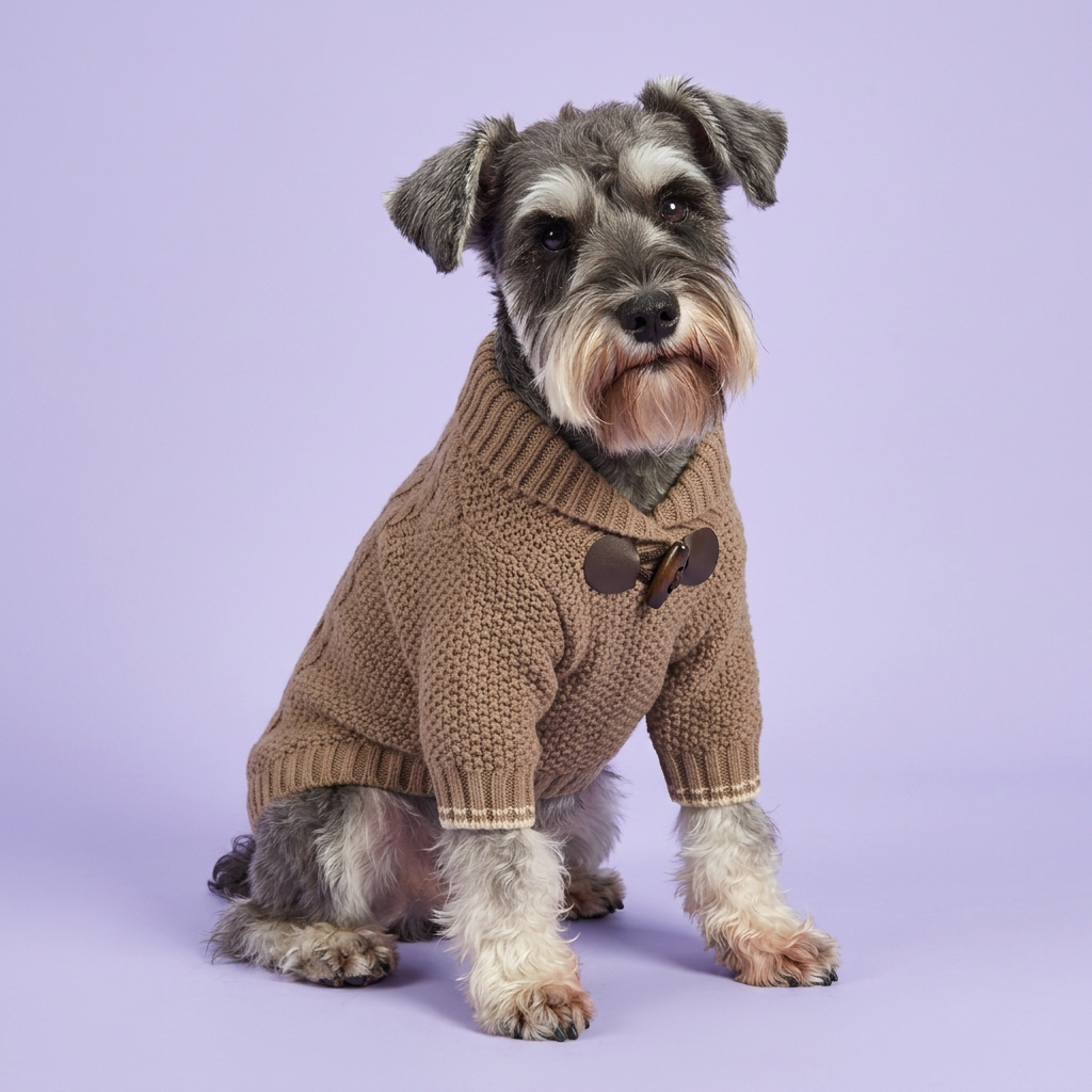 Miniature Schnauzer sitting in the darker taupe sweater on lavender