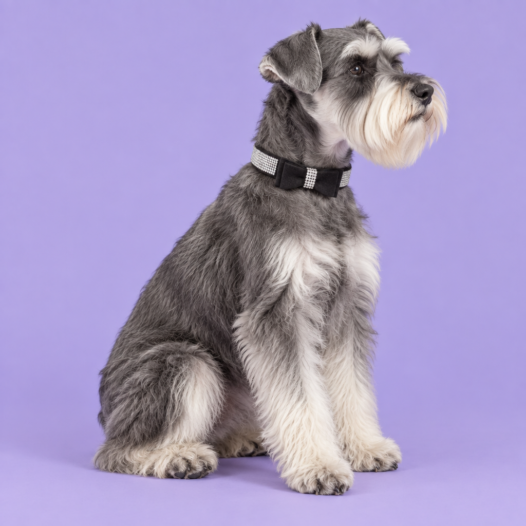 Miniature Schnauzer wearing the black crystal bow collar