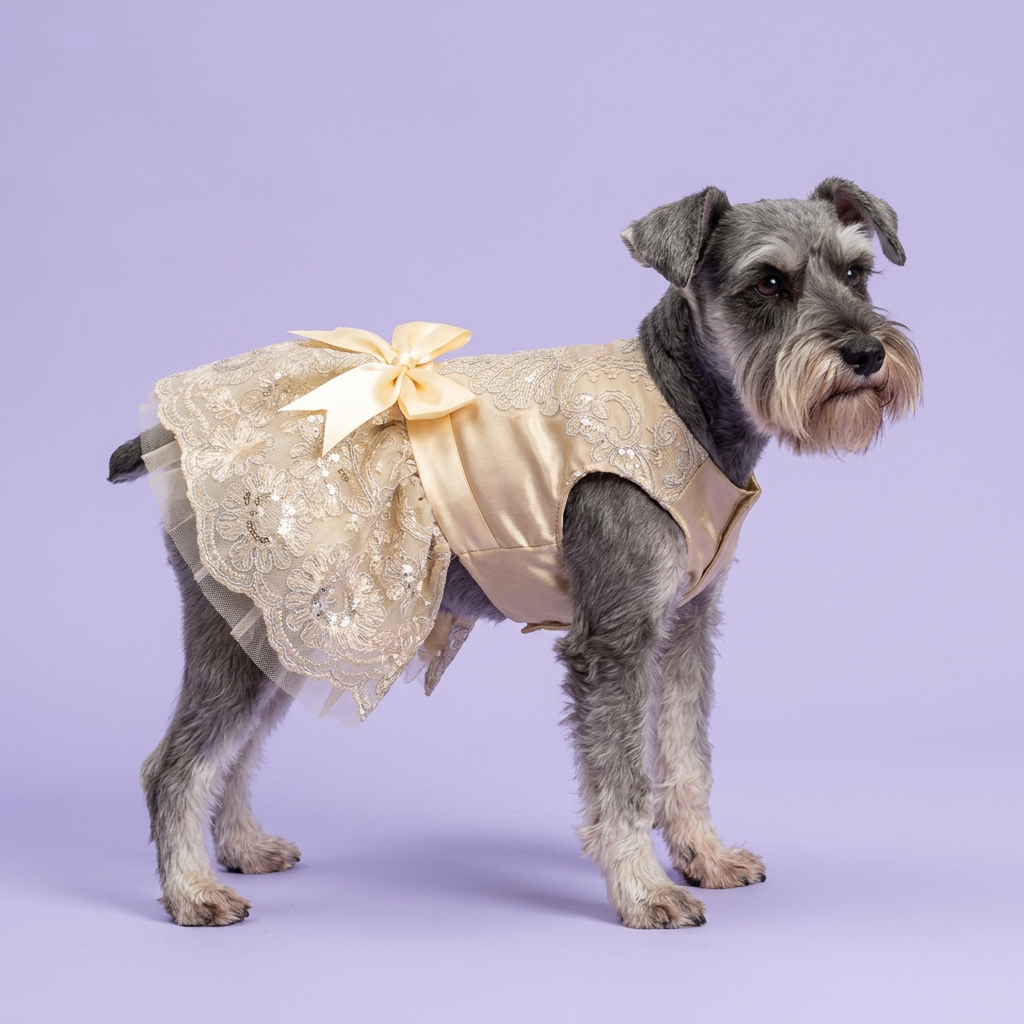 Miniature schnauzer wearing the champagne-gold dress