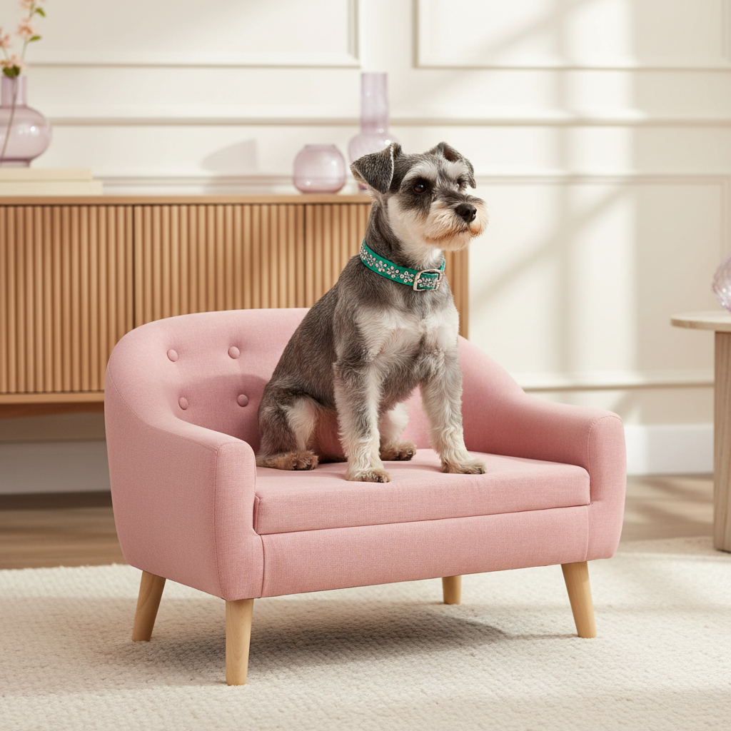 Miniature Schnauzer wearing the collar on the pink couch