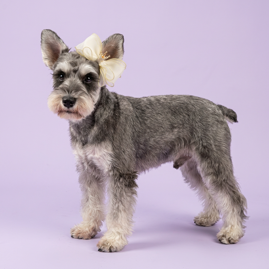 Miniature schnauzer wearing the ivory-and-gold crown bow
