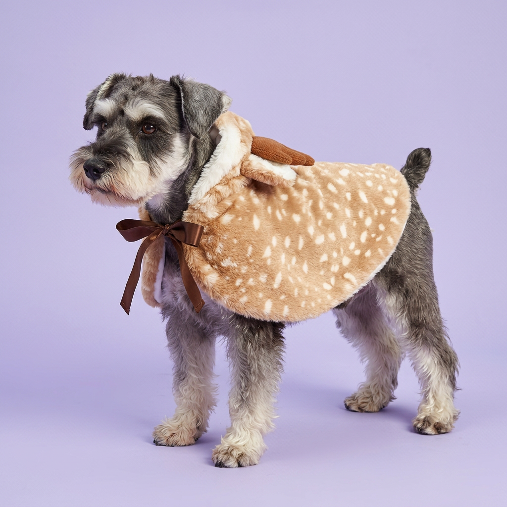 Miniature Schnauzer wearing the reindeer cape with hood down