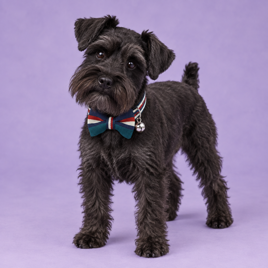 Miniature Schnauzer wearing the teal and navy bow-tie collar