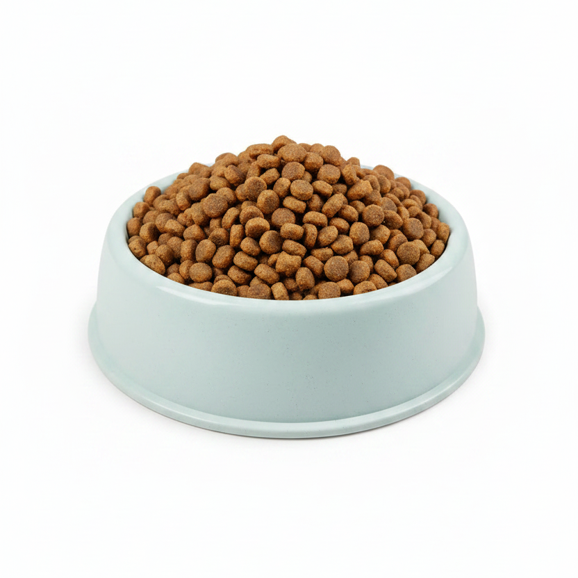 Mint blue pet food bowl filled with dry kibble — simple dog and cat food bowl