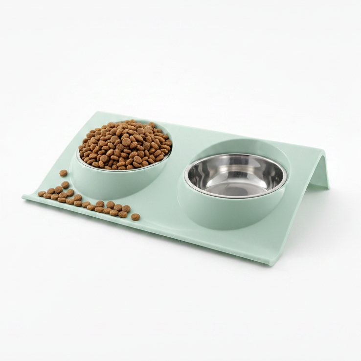 Mint green double pet bowl feeder with dry kibble food bowl and empty stainless steel water bowl on elevated spill-proof tray for cats and dogs