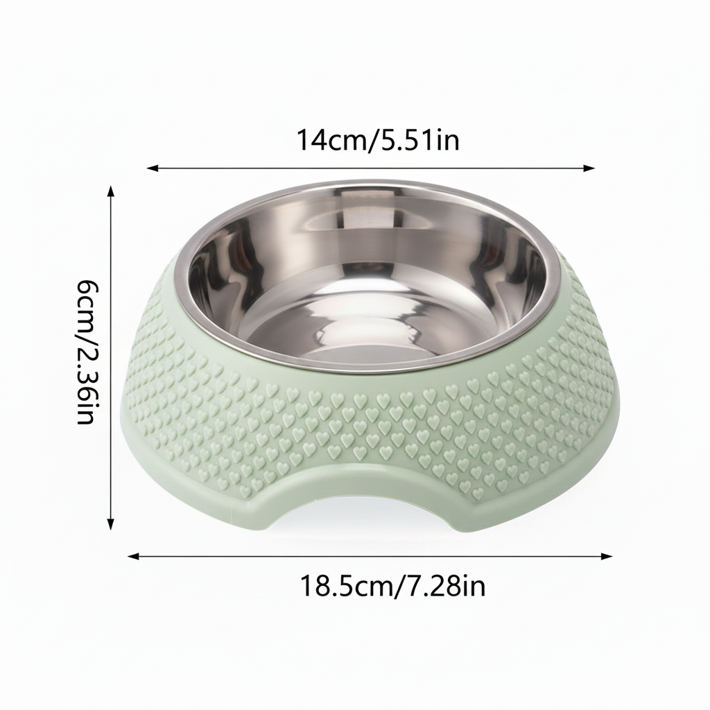 Heart embossed single pet bowl dimensions diagram showing 5.51 inch diameter opening, 7.28 inch base width, and 2.36 inch height with removable stainless steel insert