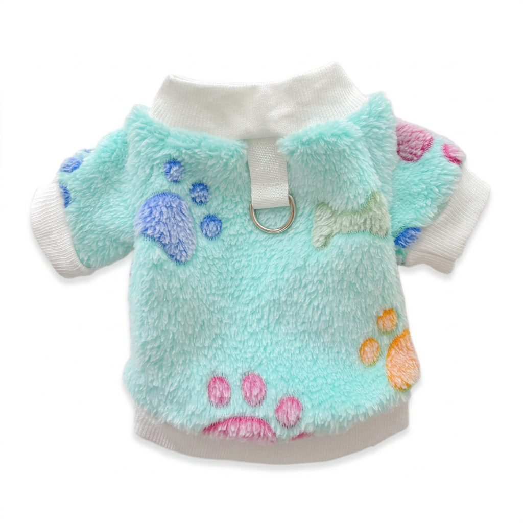 Mint paw-print sweater straightened upright on white to match the pink sweater