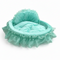 Mint teal velvet heart-shaped ruffle pet bed with matching chiffon ruffle trim and tufted cushion interior, white background