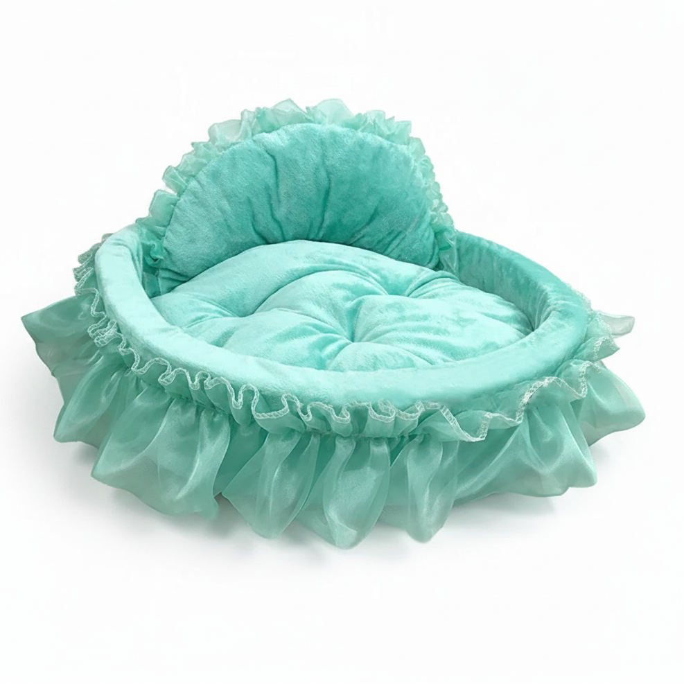 Mint teal velvet heart-shaped ruffle pet bed with matching chiffon ruffle trim and tufted cushion interior, white background