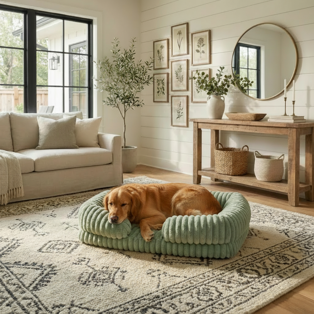 Golden retriever resting in a sage green chunky corduroy pet bed on a patterned area rug in a bright modern farmhouse living room with shiplap walls, botanical prints, an olive tree, and a rustic wood console table.