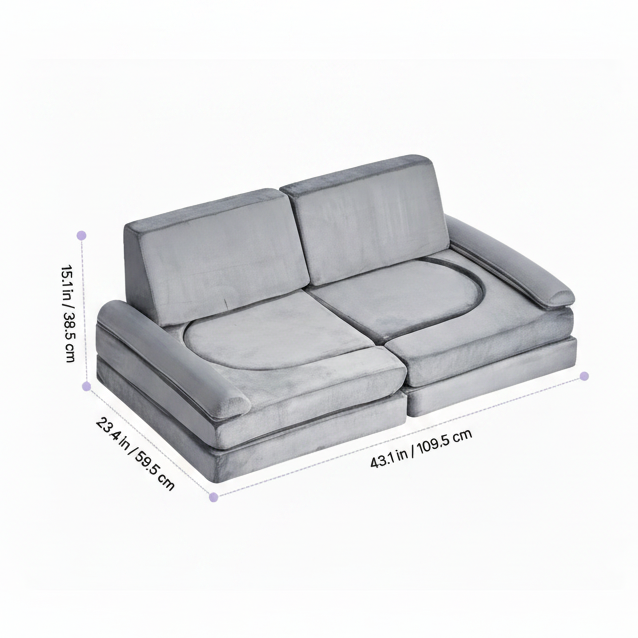Modular sofa measurement image with the orange circles and dashed lines changed to lavender