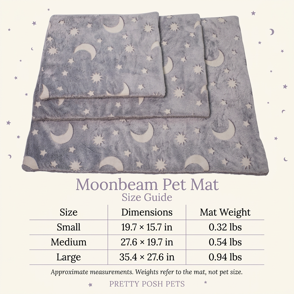 Moonbeam pet mat size guide in cream and lavender with inches and pounds