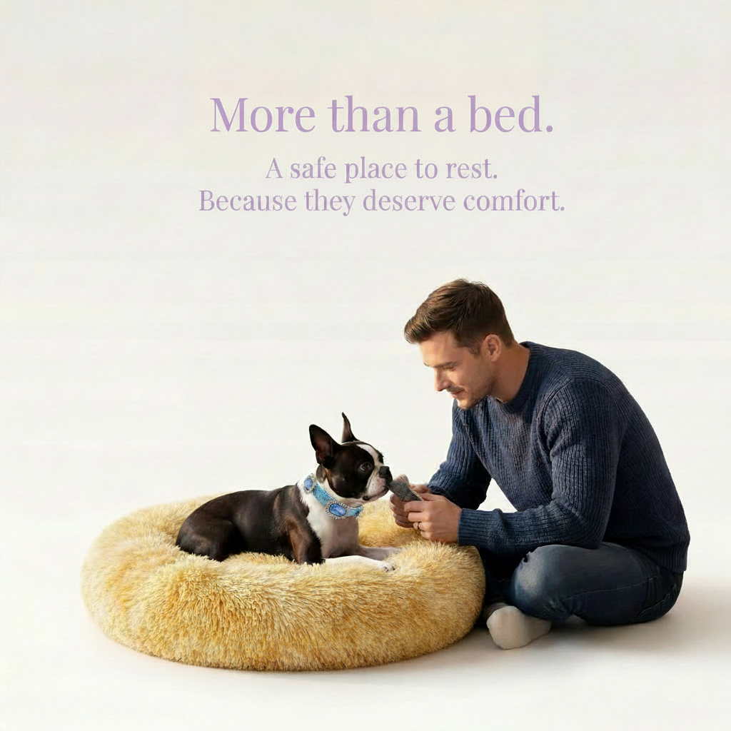 Man sitting with Boston Terrier wearing a crystal rhinestone collar on a round caramel shaggy faux fur donut calming pet bed with purple "More than a bed. A safe place to rest. Because they deserve comfort." headline on cream background