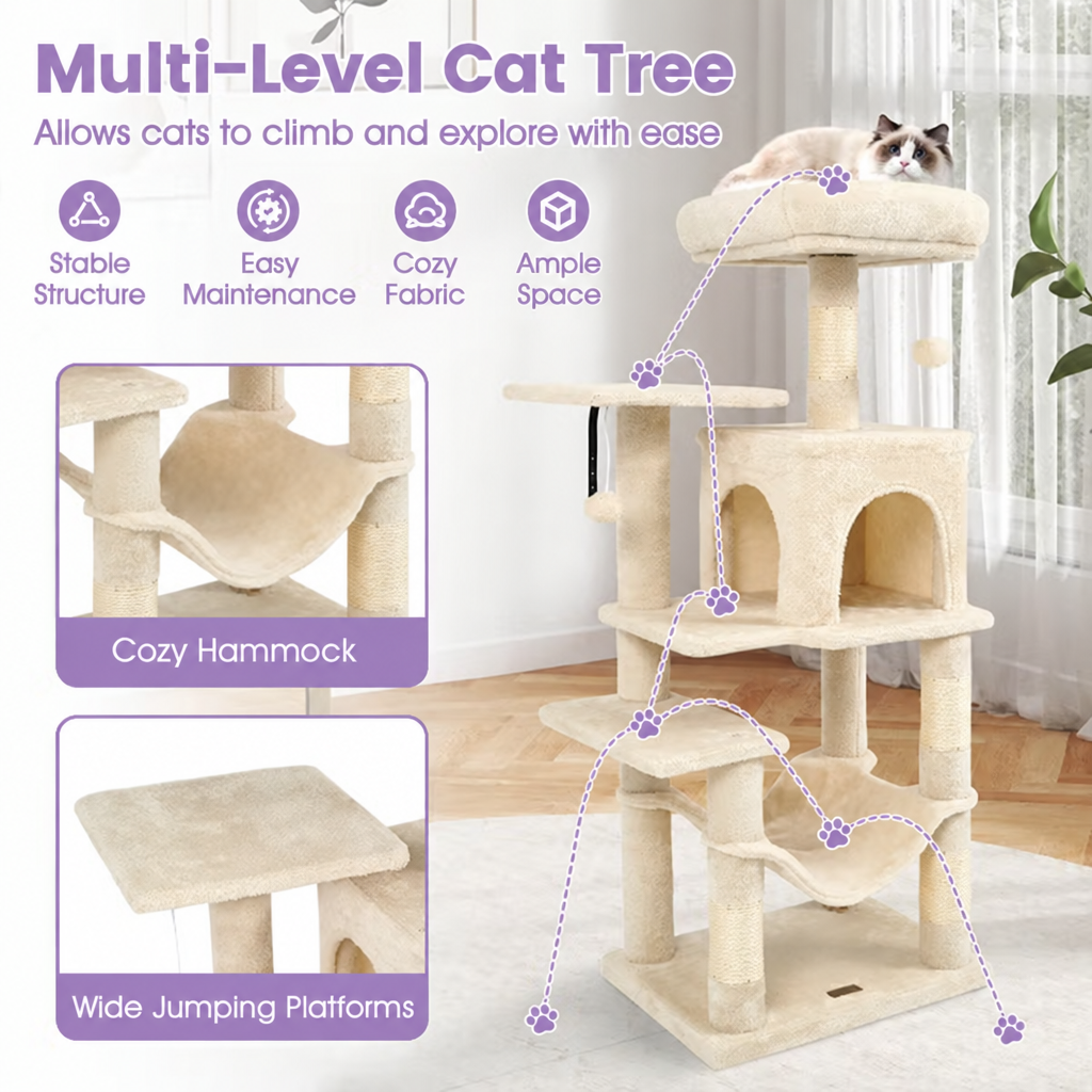 Multi-level cat tree graphic with lavender accents