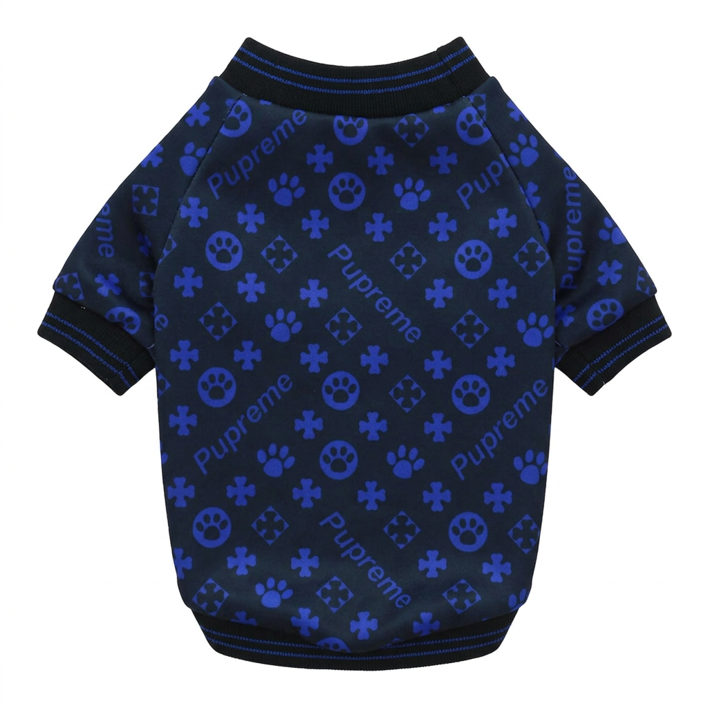 Navy and blue patterned pet sweater, straightened on a square white background