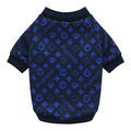 Navy and blue patterned pet sweater, straightened on a square white background