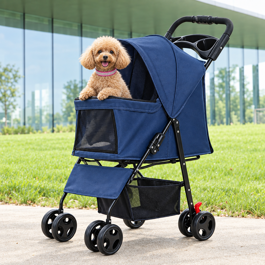 Navy pet stroller lifestyle photo with poodle