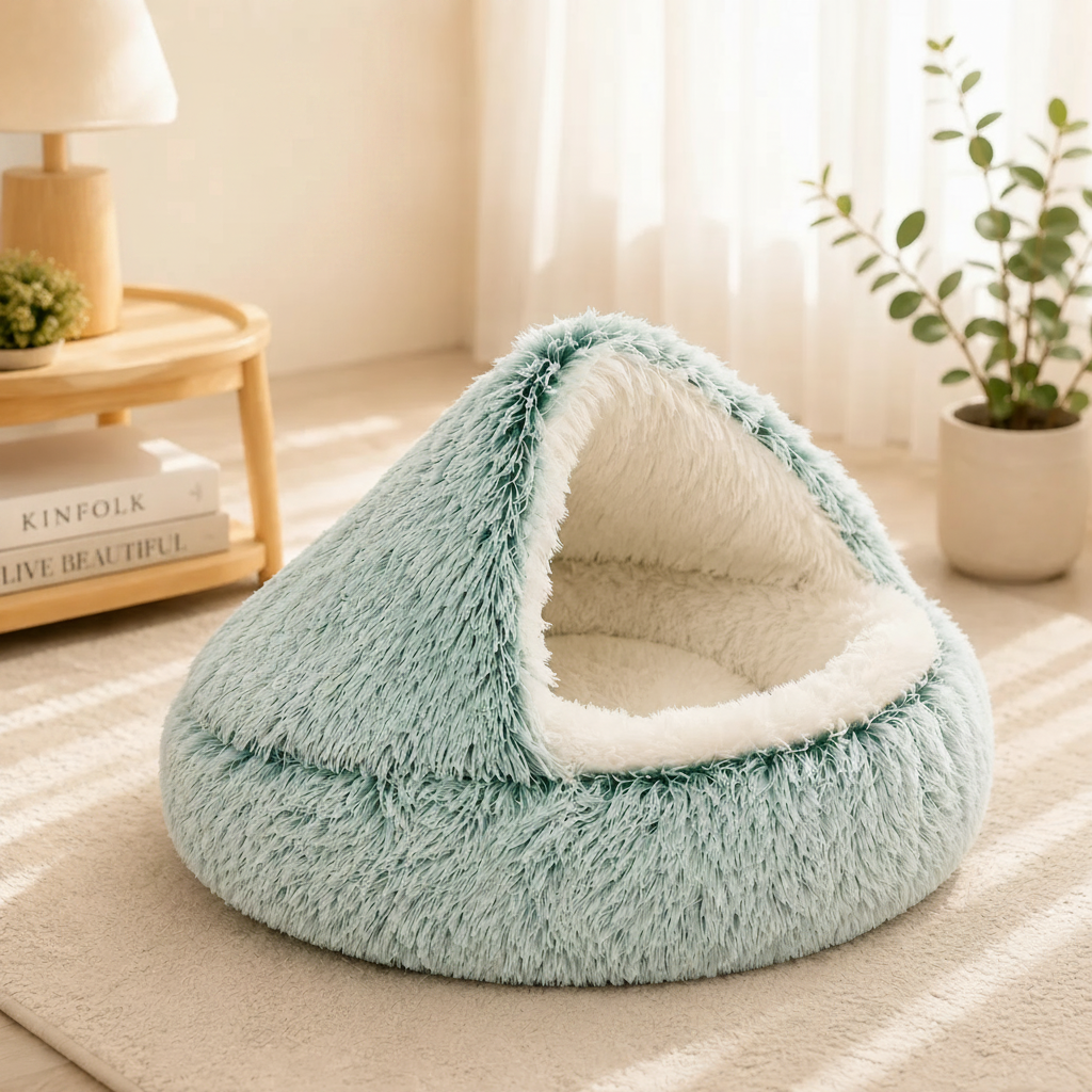 Sage green long-pile plush round hooded cave pet bed with cream interior lining on a cream rug in a bright cozy living room setting
