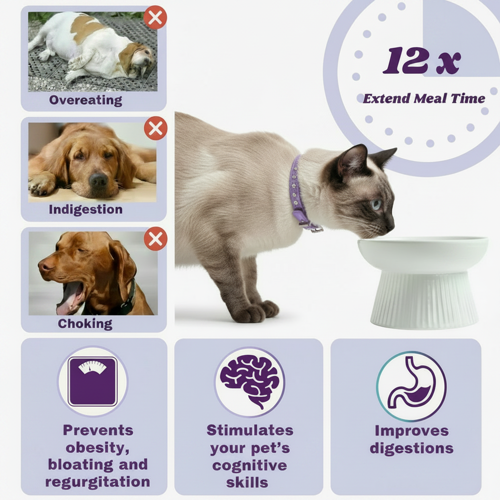 No more overeating, indigestion, or choking infographic showing Siamese cat eating from white raised ceramic slow feeder bowl, extends meal time 12x, prevents obesity and bloating, stimulates cognitive skills, improves digestion, lavender background