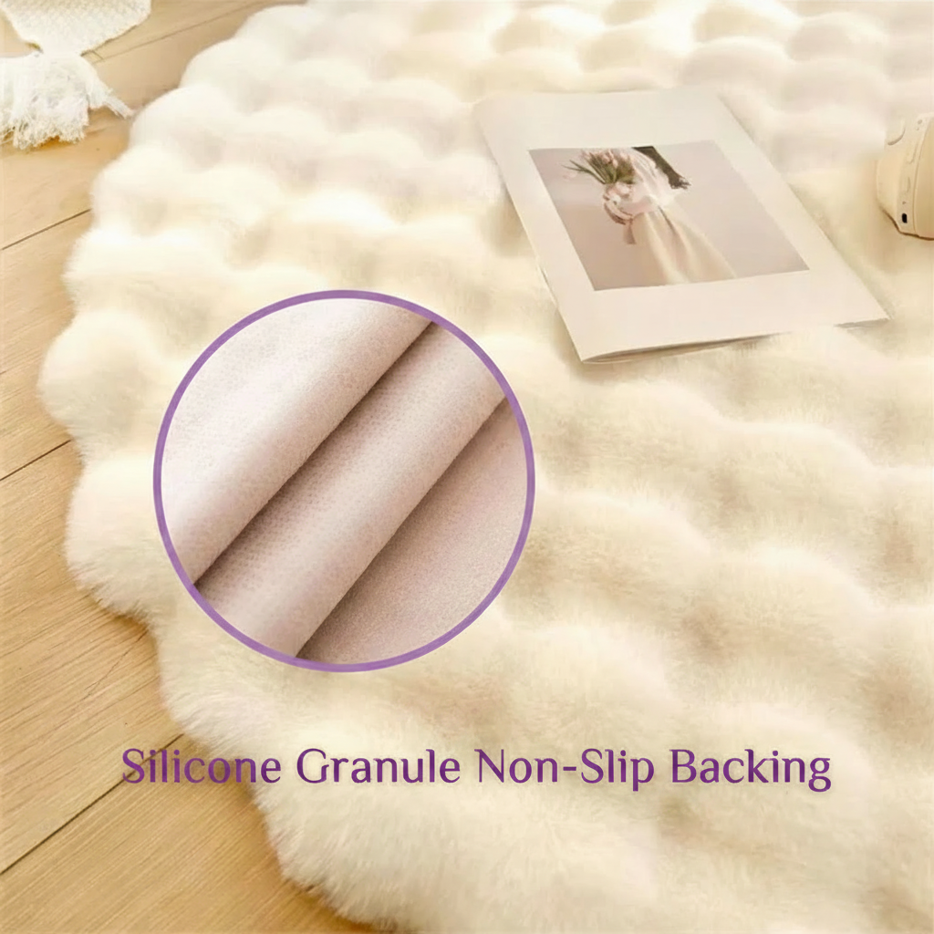 Round cream waffle-textured plush pet mat detail infographic showing silicone granule non-slip backing in a lavender circle callout with purple text on wood floor lifestyle background