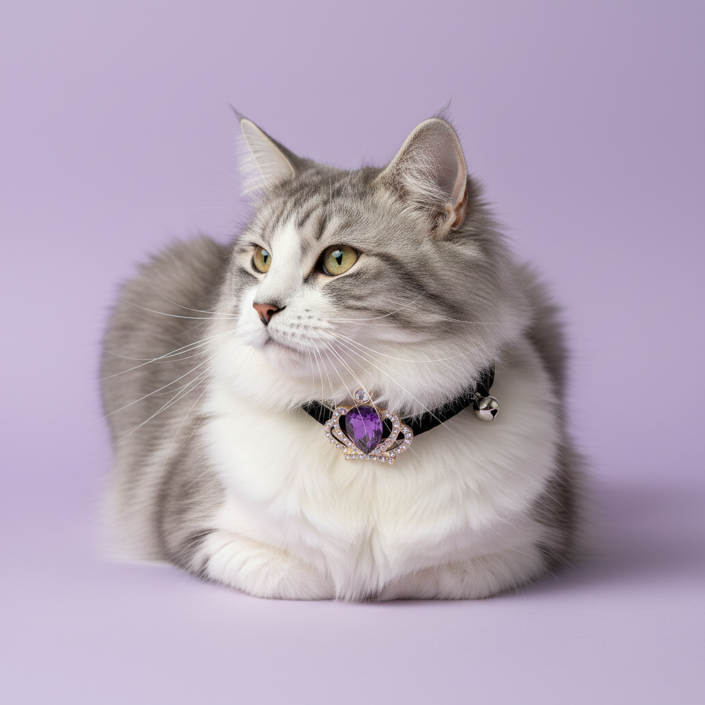 Norwegian Forest Cat wearing black velvet cat collar with gold crown and purple amethyst teardrop gem pendant — luxury cat collar