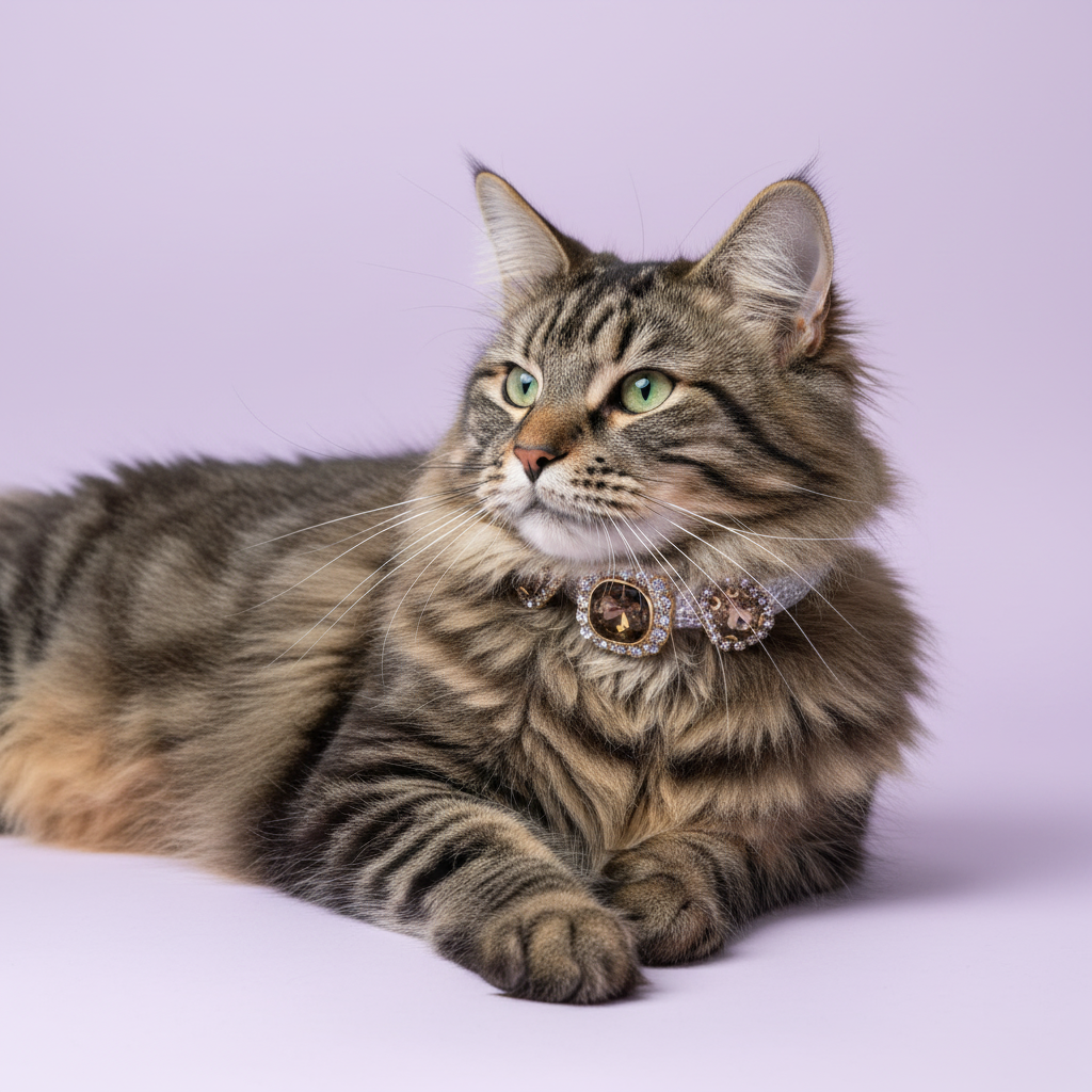 Green-eyed Norwegian Forest Cat lounging and gazing to the side wearing a silver rhinestone cat collar with triple smoky topaz cushion-cut gems and rhinestone halo accents on lavender background