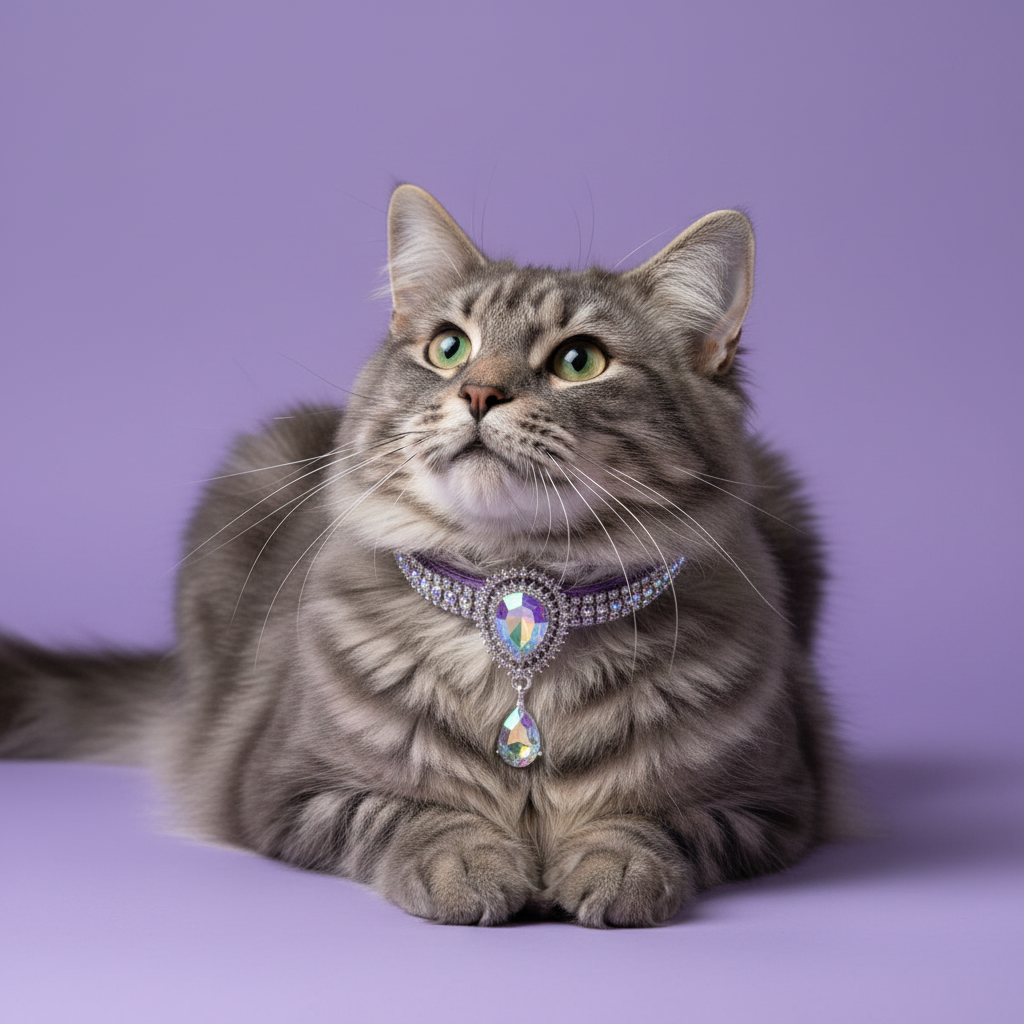 Silver tabby Norwegian Forest Cat wearing purple rhinestone breakaway cat collar with aurora borealis crystal teardrop pendant