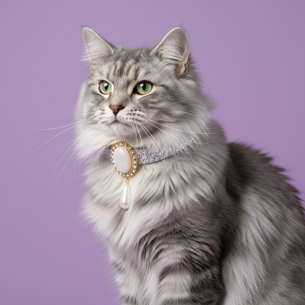 Silver tabby Norwegian Forest Cat sitting tall and gazing to the side wearing a silver rhinestone breakaway cat collar with a gold oval pearl and teardrop pendant