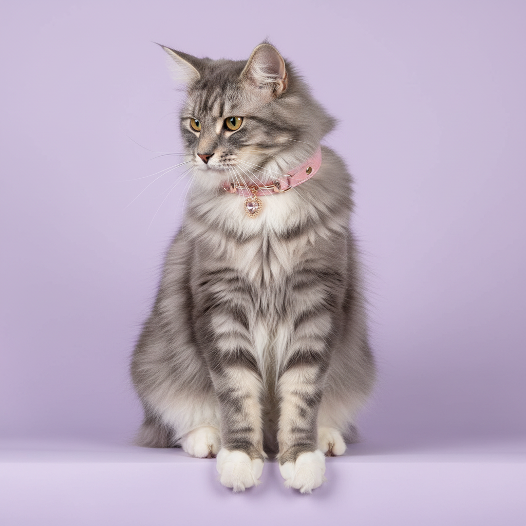 Silver tabby Norwegian Forest Cat with long fluffy fur seated upright and looking to the side, wearing a pink leather pet collar with rose gold snaffle-bit hardware and a clear crystal heart charm pendant, on a soft lavender background
