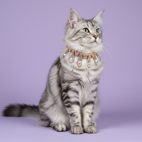 Silver tabby Norwegian Forest Cat sitting tall wearing an iridescent crystal fringe rhinestone breakaway cat collar