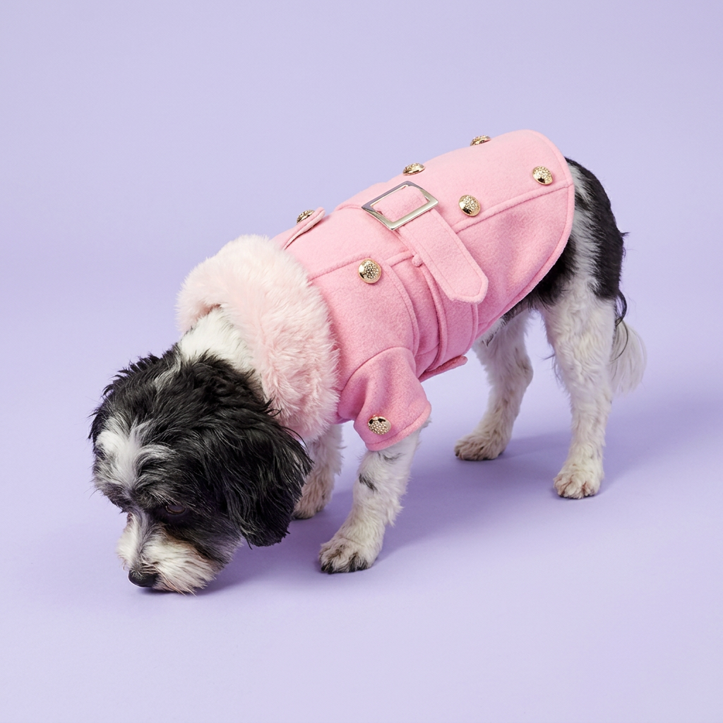 Nose-down Havanese wearing the pink jacket