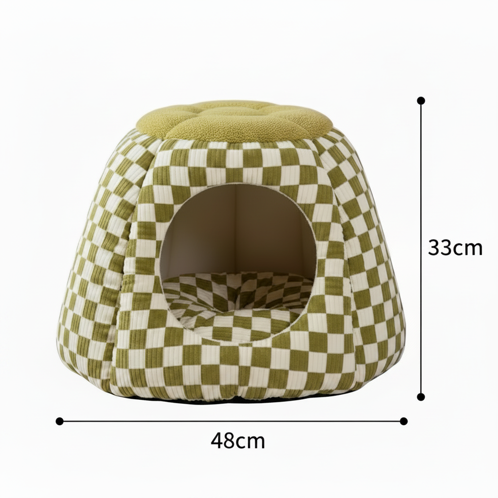 Olive green and cream checkerboard print igloo cave pet bed with round tufted olive boucle top, circular arched entrance, and matching checkered interior cushion, shown with black dimension annotations: 33cm height × 48cm width, on a white background