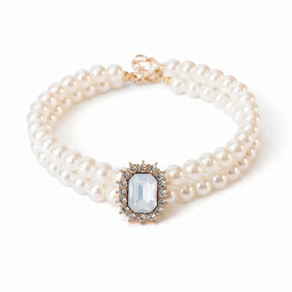 Double-strand pearl pet collar with opalite moonstone emerald-cut crystal centerpiece and gold hardware